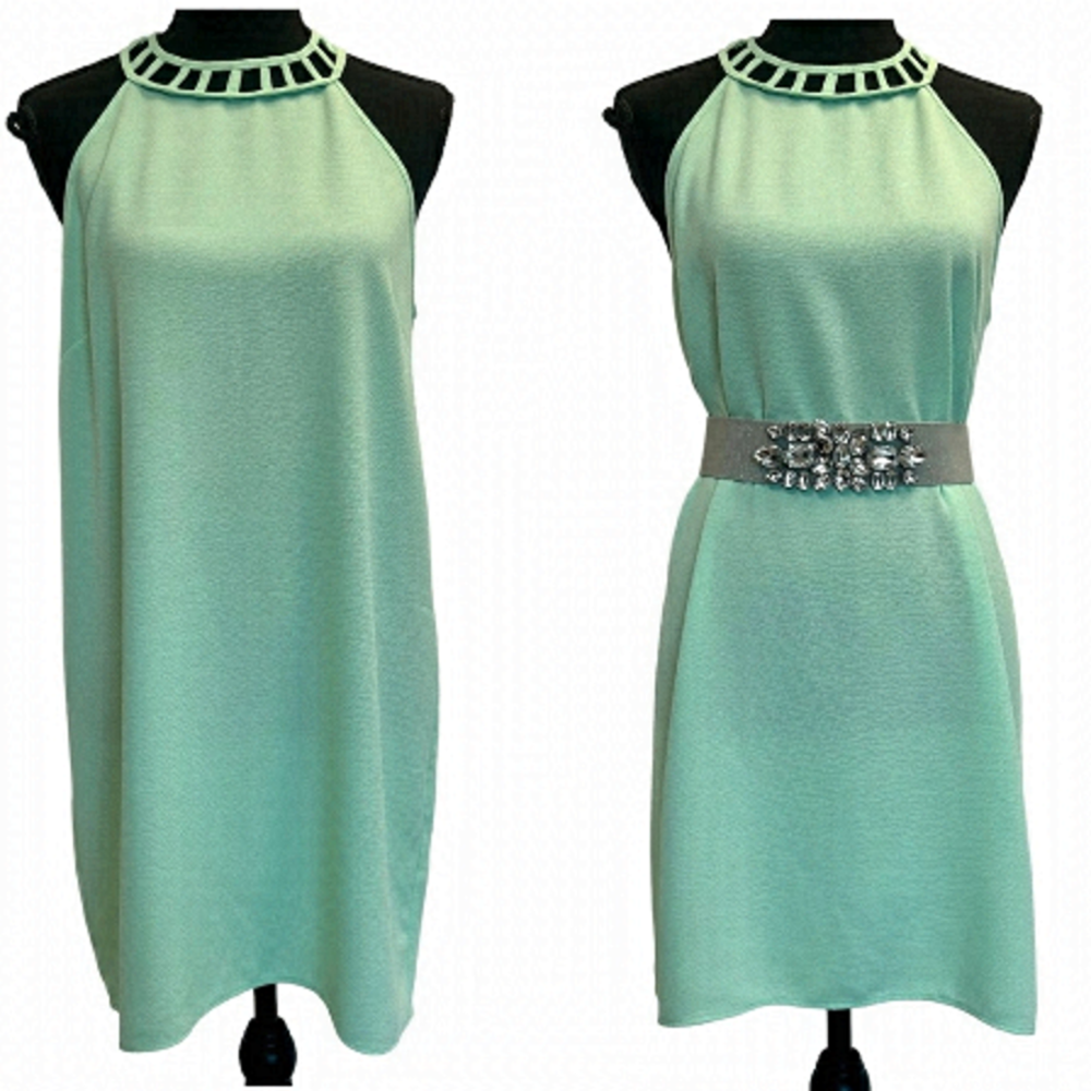Monteau mint green sleeveless caged neckline shift mini dress Sz M